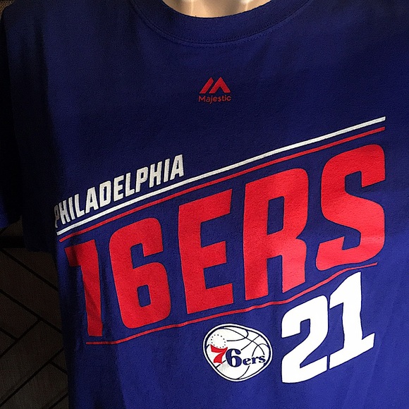 MAJESTIC LARGE PHILDELPHIA 76ERS EMBIID # 21 TEE SHIRT GENTLY USED - Picture 2 of 6